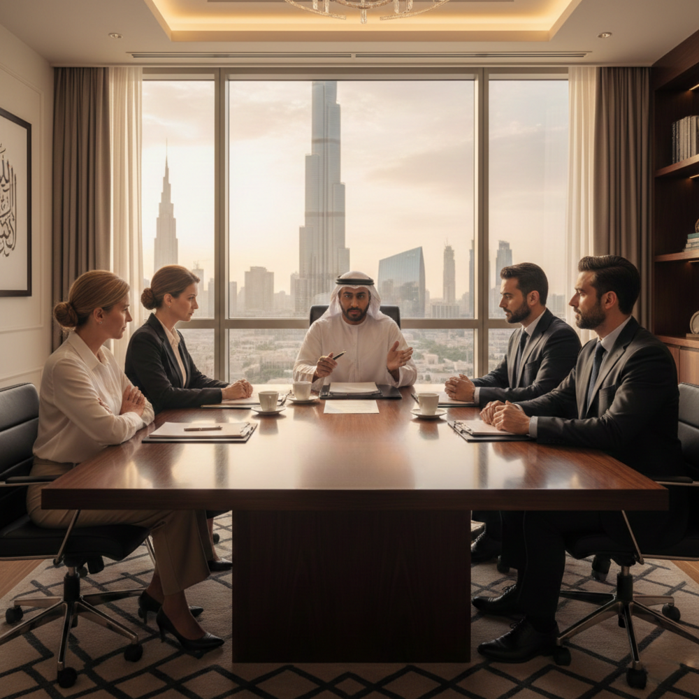 اجتماع لحل نزاع عمالي داخل مكتب قانوني